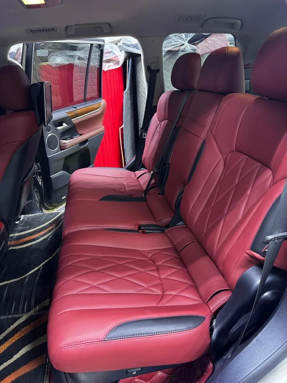 Custom red rear seat upholstery